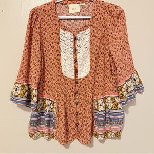 Anthropology-Orange Floral Boho Peasant Top with Lace Yoke